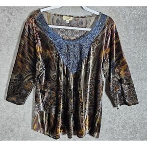 One World Velvet Top Womens Size XL Floral Paisley 3/4 Sleeve Lace Boho Peasant